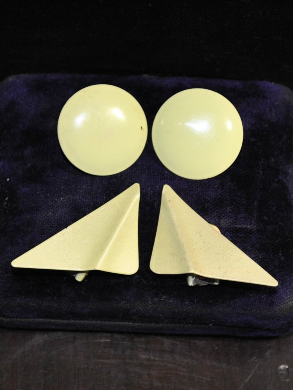 Pair of Vintage Yellow Metal Clip-on Earrings Round & Abstract Triangle